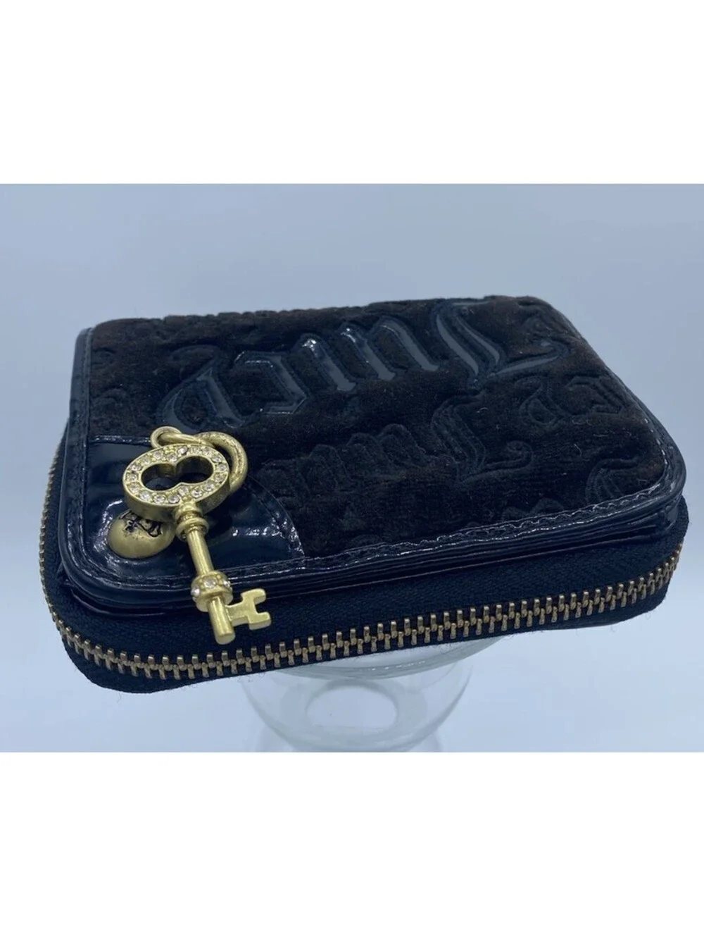 Juicy Couture Velour Wallet Black Pink Inside Logo Zip Card Holder Keychain Y2K